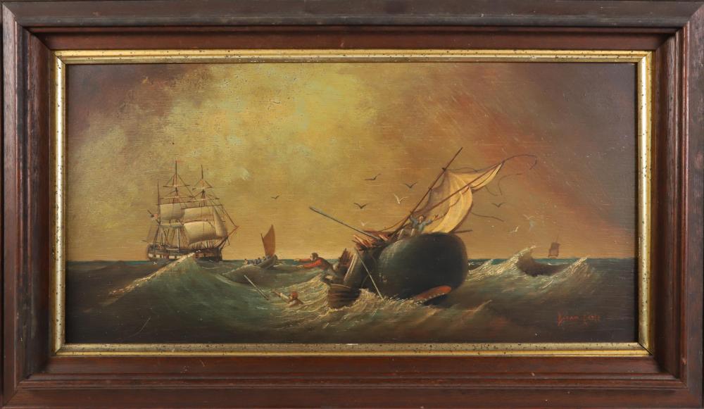 Brian Coole comparable auction result: brian coole oil on panel stove boat whaling scene