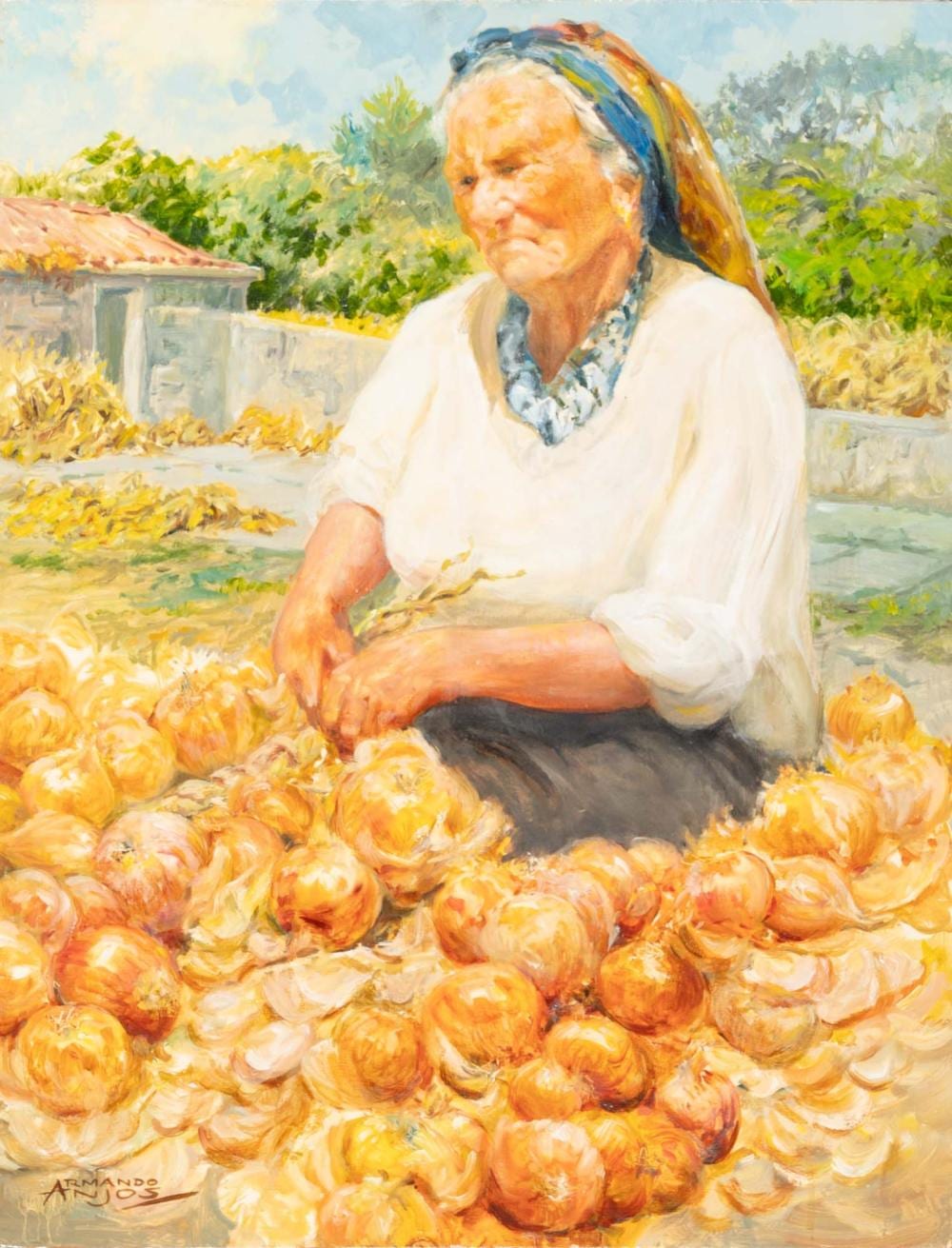 Armando Anjos comparable auction result: armando anjos 1931 2017 camponesa com cebolas leo sobre platex dim aprox 65 x 50 cm