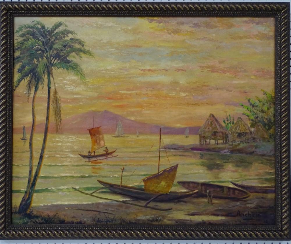 Isidro Ancheta comparable auction result: isidro ancheta oil on board fishing village