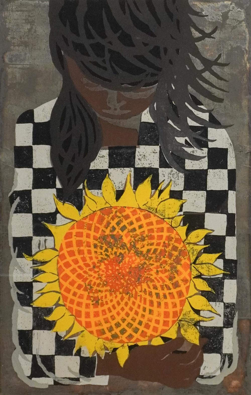 Tadashi Nakayama comparable auction result: tadashi nakayama japanese 1927 2014 girl with sunflower woodblock print signed and dated 1957 l l frame 31 1 2 x 22 in 80 x 55 9 cm