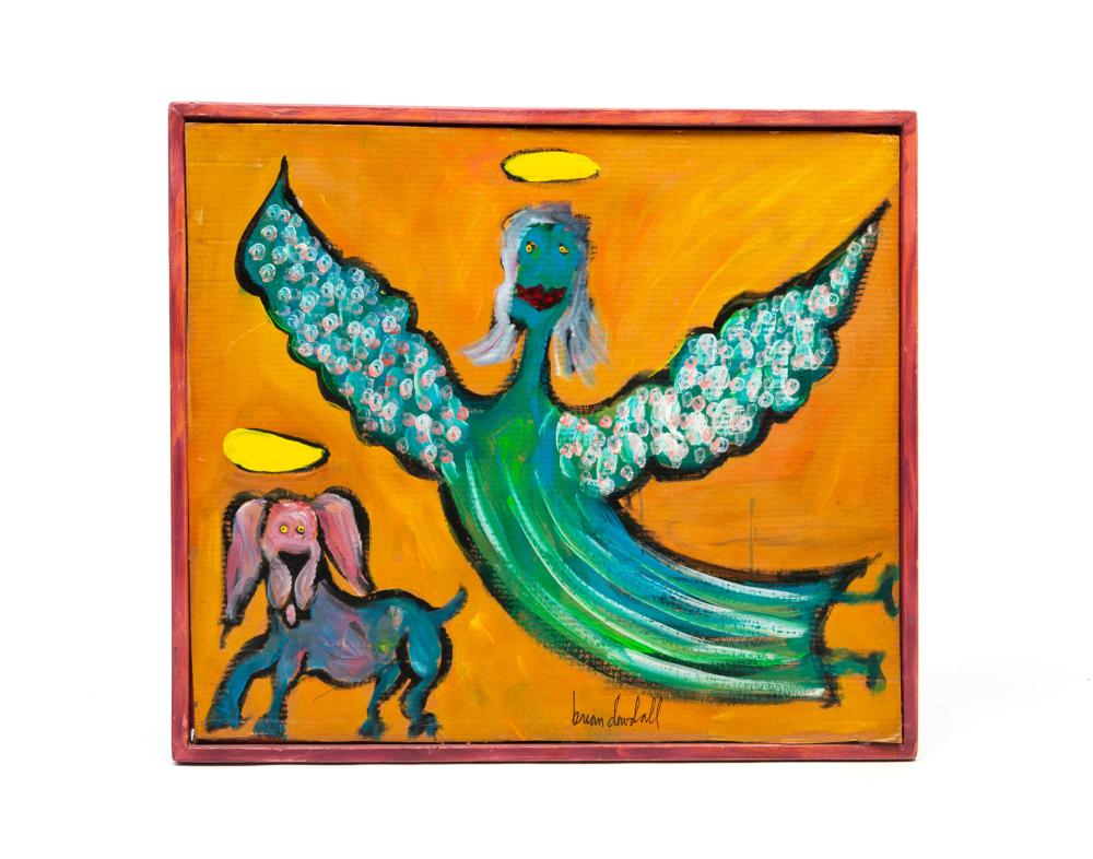 Brian Dowdall comparable auction result: brian dowdall american 1948 2018 guardian angel of dogs paint on cardboard