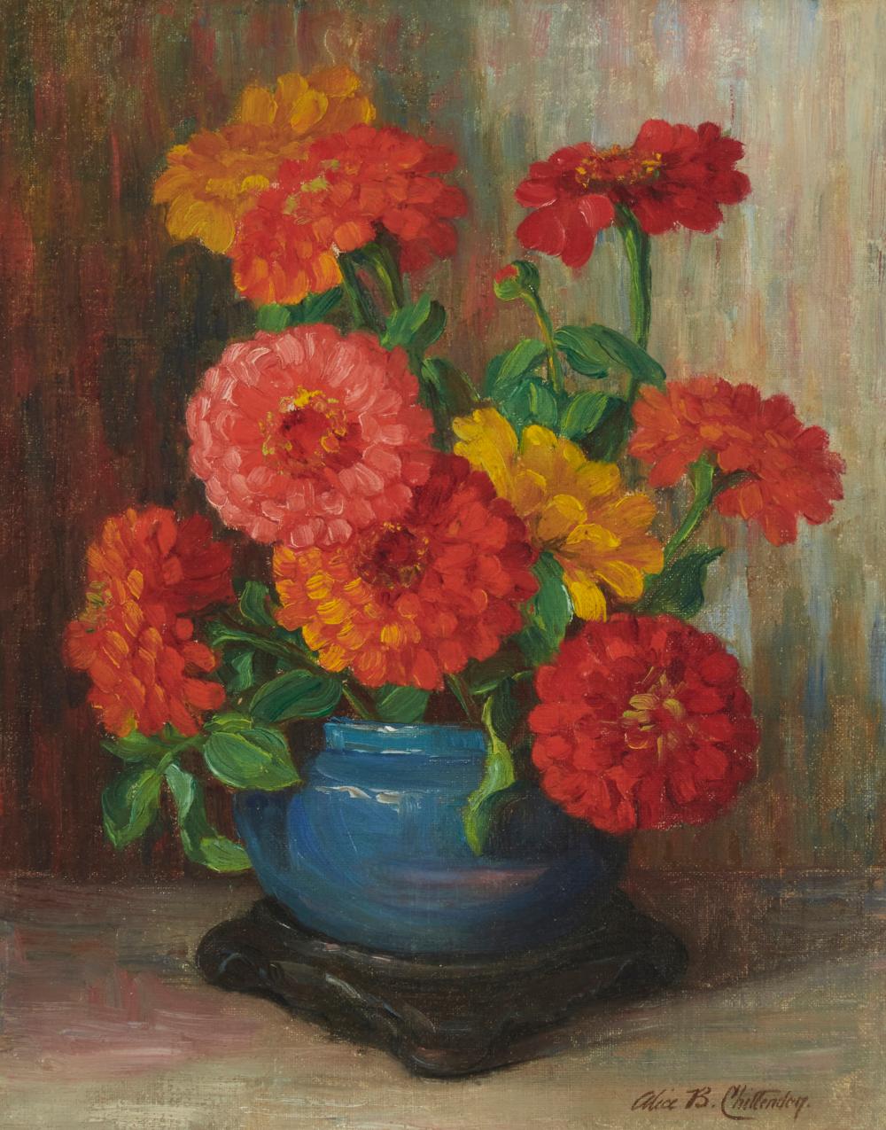 Alice Brown Chittenden comparable auction result: alice brown chittenden 1859 1944 bouquet of zinnias still life with zinnias in a blue pot