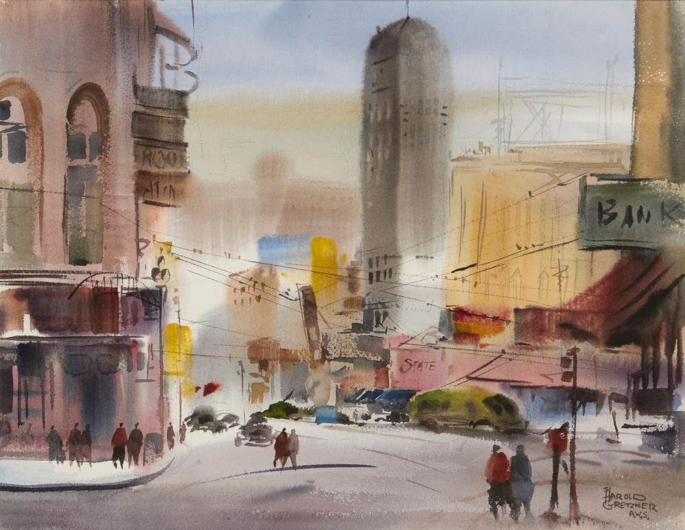 harold gretzner 1902 1977 figures walking in downtown san francisco · John Moran Auctioneers · 2025-07-30 Harold Gretzner comparable auction result: harold gretzner 1902 1977 figures walking in downtown san francisco
