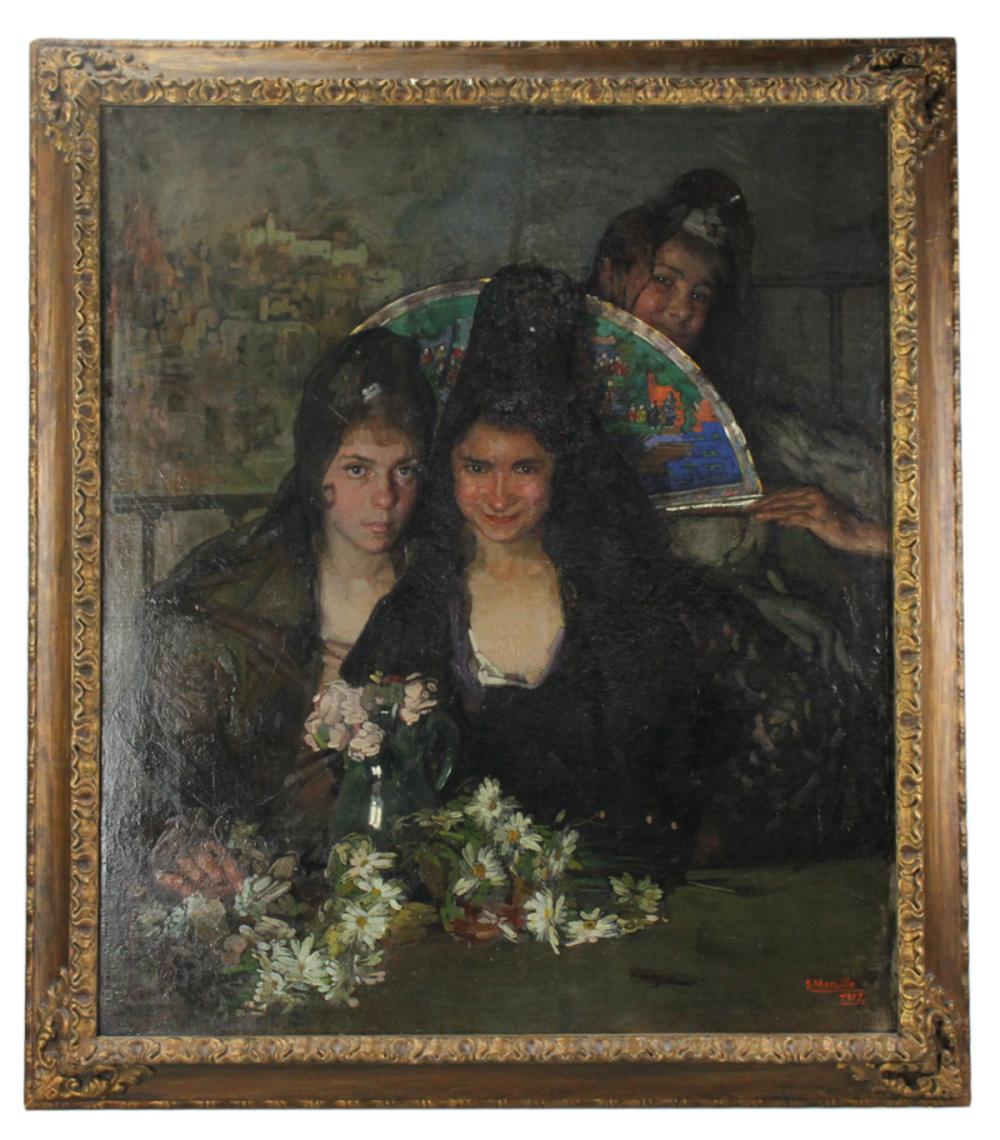 Gabriel Morcillo Raya comparable auction result: gabriel morcillo raya damas con abanico oil on canvas