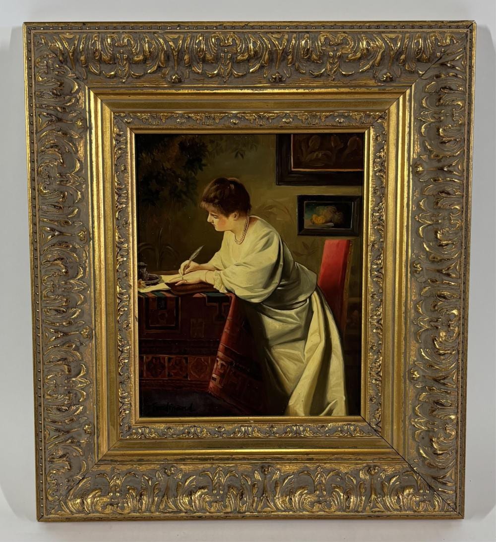 Ferdinand Voet comparable auction result: ferdinand 20th century interior with woman writing a letter oil on wood panel