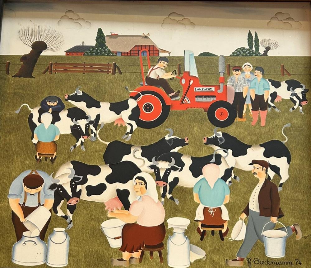 Henry Dieckmann comparable auction result: henry dieckmann 1933 2018 1974 melker und k he naives gem lde gerahmt rg 37x42 cm
