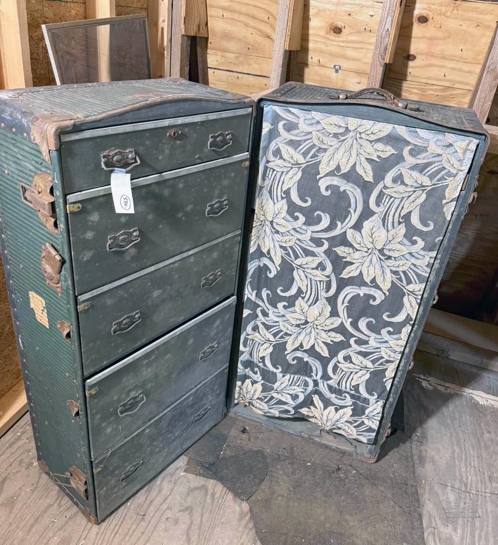 NO SHIPPING :FURNITURE: Large antique steamer trunk with drawers at (1) side wardrobe at the other side sold by Roan Inc. Auctioneers & Appraisers, lot 580 — auction record photograph