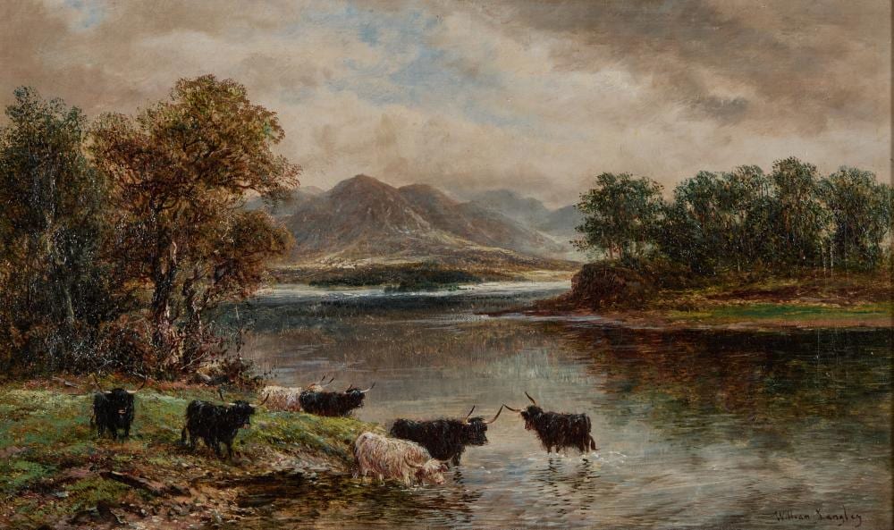 William Langley comparable auction result: william langley fl 1890 1920 highland cattle watering