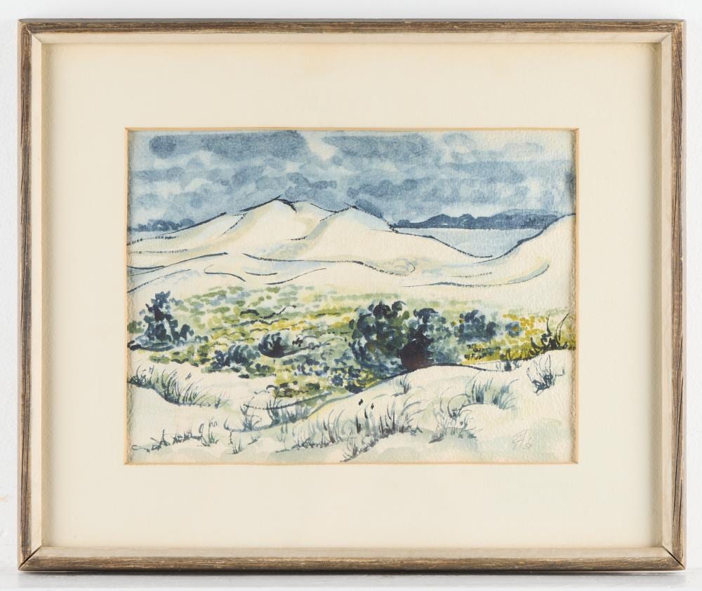 Edna Andrade comparable auction result: edna andrade watercolor landscape w dunes 1958