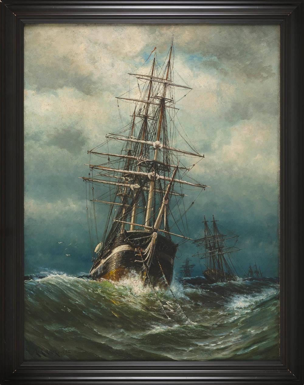 Harry F. VanderWeyden comparable auction result: harry henry chase missouri massachusetts new york tennessee vermont holland 1853 1889 riding anchor in a gale oil on canvas 40 x 30 framed 45 x 35