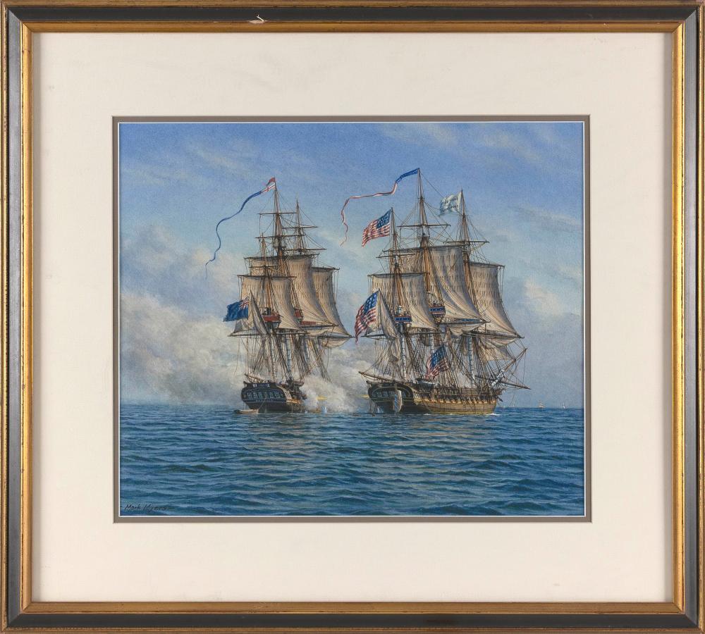 Mark Richard Myers comparable auction result: mark richard myers california united kingdom 1945 battle between the chesapeake and the shannon mixed media on paper 13 5 x 16 sight framed 22 5 x 24 75