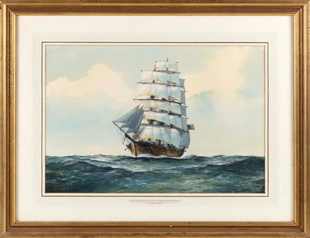 Frank Joseph Henry Gardiner comparable auction result: frank joseph henry gardiner united kingdom 1942 the californian clipper storm king ink and watercolor on paper 14 x 21 sight framed 23 x 29 75