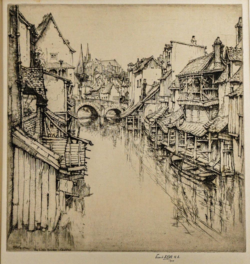 ernest david roth american 1879 1964 the little bridge etching signed and dated 1944 unframed 13 1 2 x 11 1 2 in 34 3 x 29 2 cm · Weschler's · 2025-07-22 Ernest David Roth comparable auction result: ernest david roth american 1879 1964 the little bridge etching signed and dated 1944 unframed 13 1 2 x 11 1 2 in 34 3 x 29 2 cm