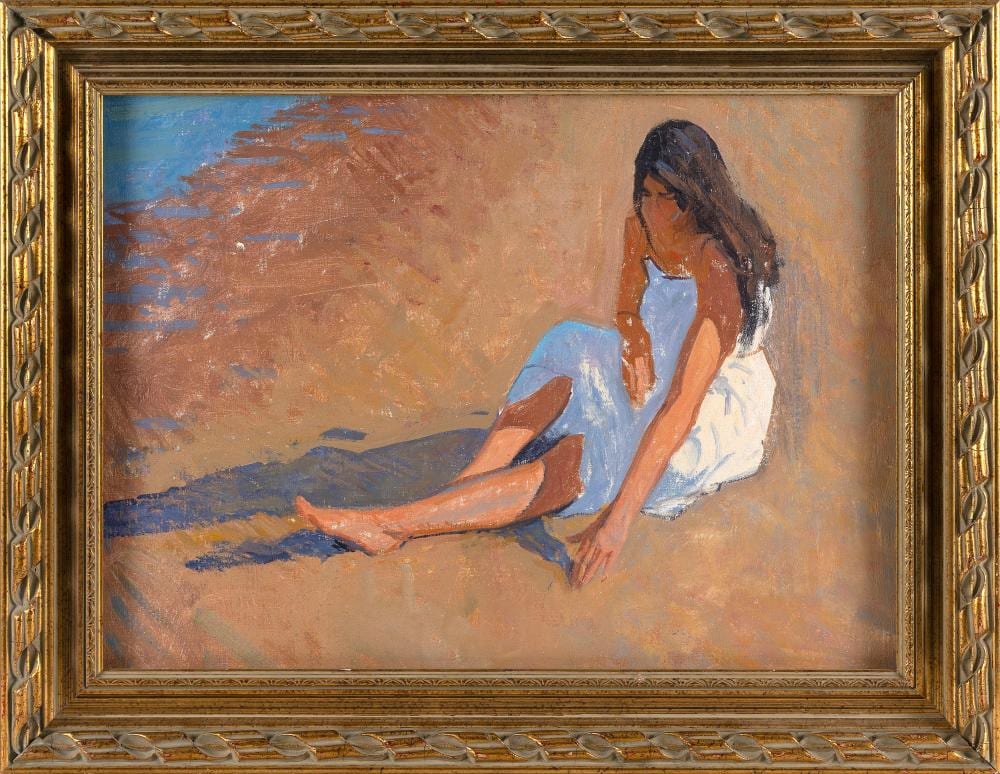 Tom Dunlay comparable auction result: thomas russell dunlay massachusetts 1951 long shadows nantucket oil on canvas 20 x 25 framed 23 x 29