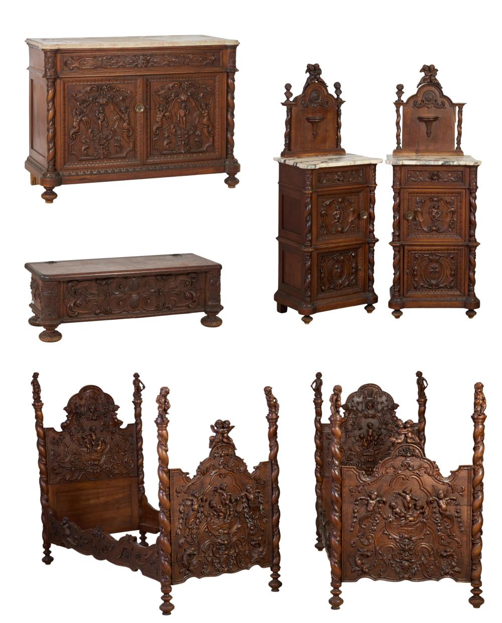 Rare Six Piece Italian Renaissance Revival Carved Walnut Putti Bedroom Group, late 19th c., Bed Frames- H.- 76 in., W.- 84 in., D.- 39 in.; Nightstands- H.- 57 in., W.- 20 in., D.- 18 1/2 in. (6 Pcs.) sold by Crescent City Auction Gallery, lot 1521 — auction record photograph