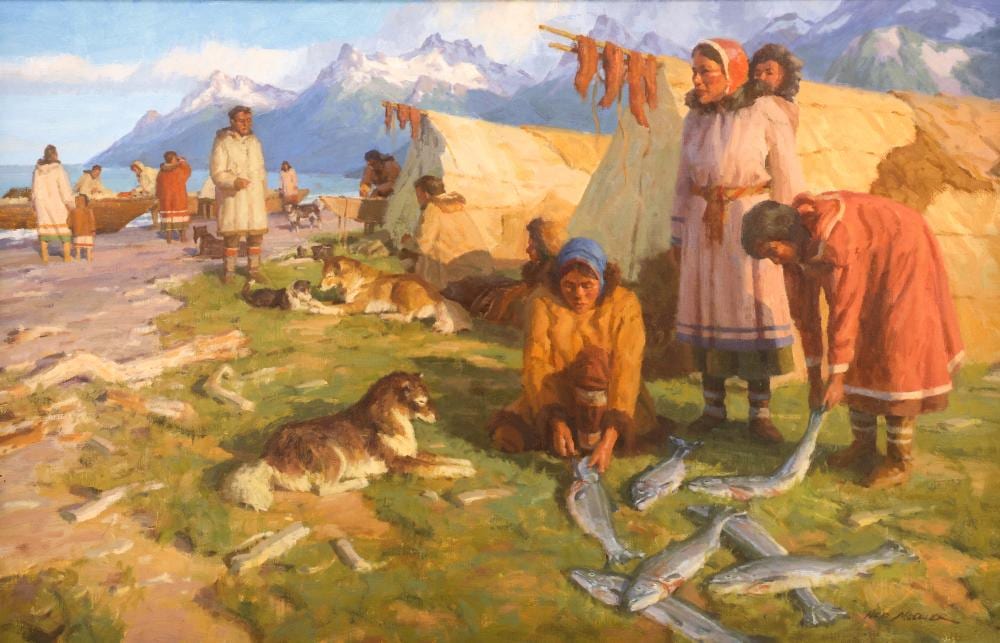 Ned Mueller comparable auction result: ned mueller eskimo village oil on board