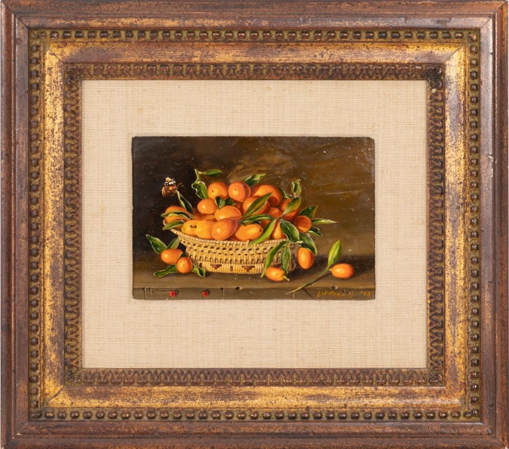 Sondra Lipton comparable auction result: sondra lipton american new york 20th c still life of kumquats in basket with butterfly and ladybugs oil on board