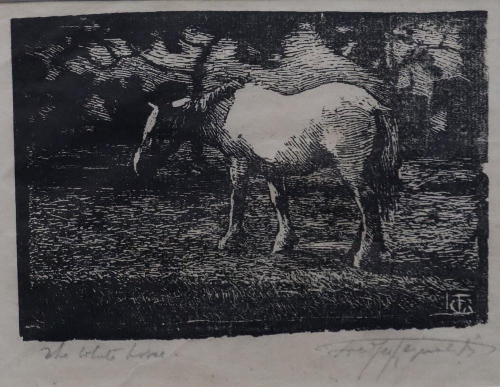 Frederick George Reynolds comparable auction result: frederick george reynolds woodcut titled the white horse monogramed lower right plate signed and titled in pencil measures 15cm x 10cm
