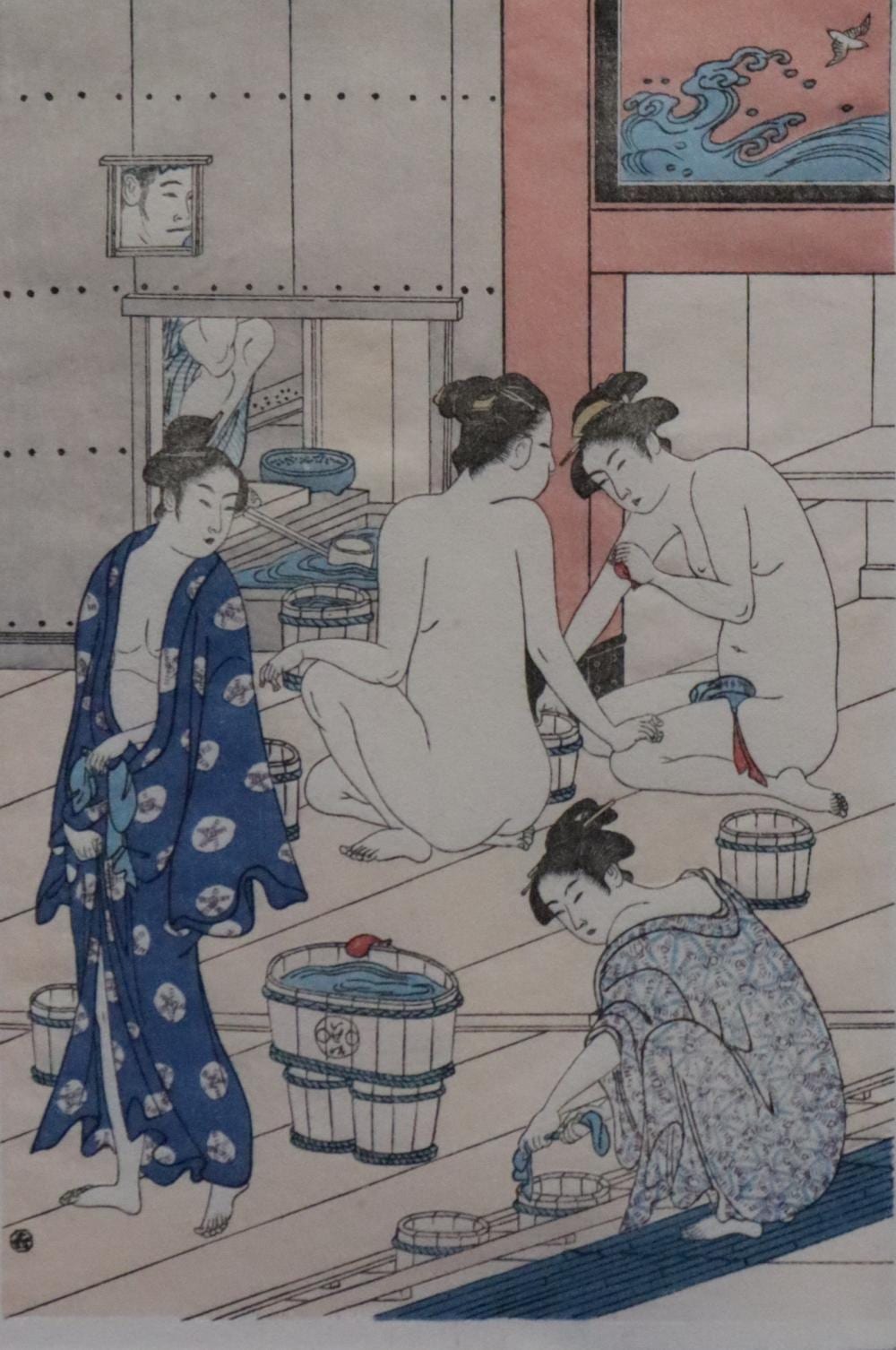 Torii Kiyonaga comparable auction result: torii kiyonaga japanese wood block print bath house women approx 20 5cm x 13 5cm