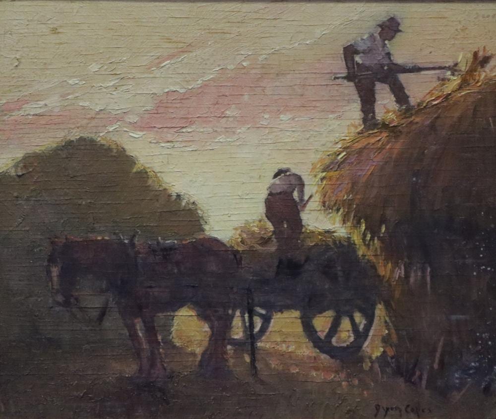 Dixon Copes comparable auction result: dixon copes oil on board farm scene signed lower right approx 28cm x 24cm note many cracks through work