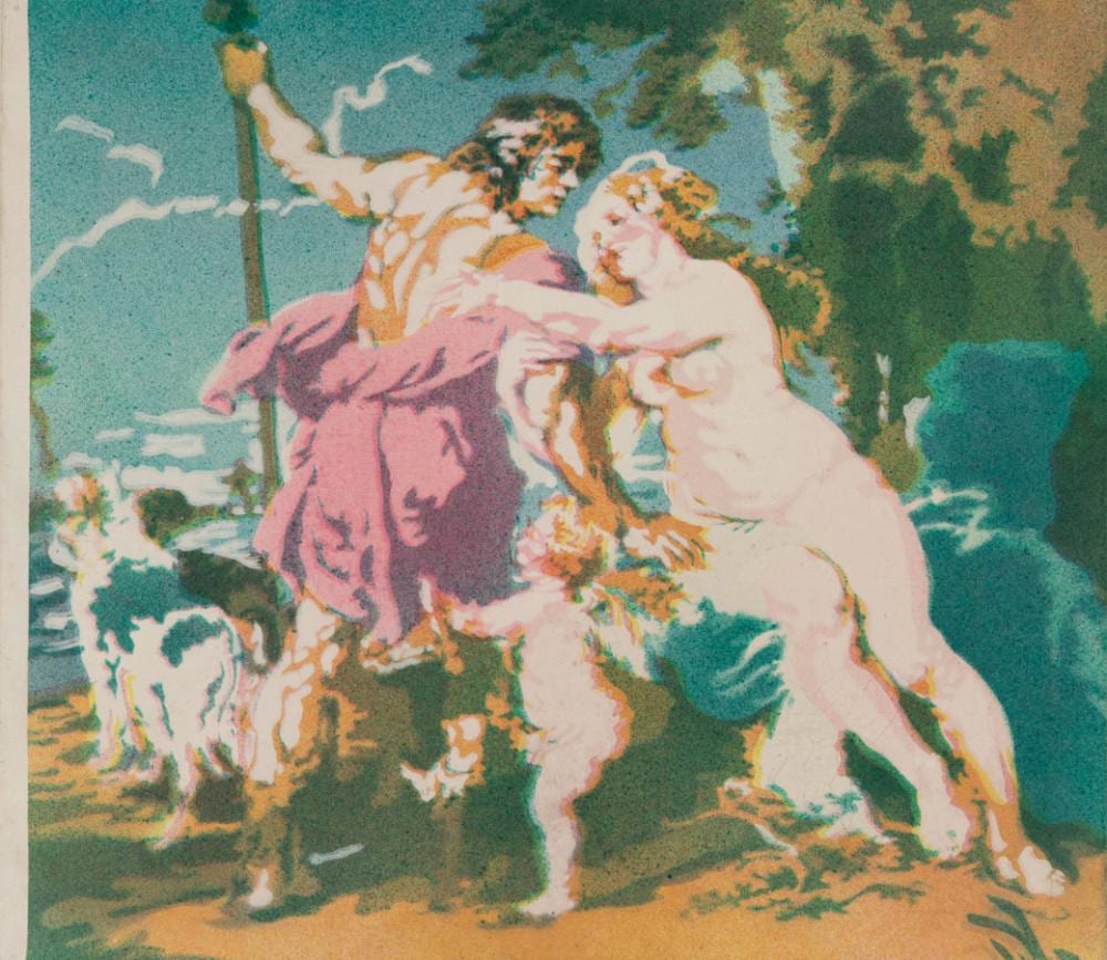 John Clem Clarke comparable auction result: john clem clarke am 1937 2021 rubens venus and adonis 1967 spray paint on canvas unframed
