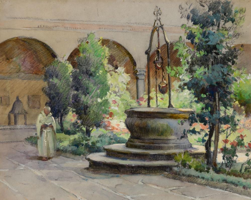 mabel may woodward am 1877 1945 the monastery watercolor and charcoal on paper framed under glass · Barridoff Auctions · 2025-08-16 Mabel May Woodward comparable auction result: mabel may woodward am 1877 1945 the monastery watercolor and charcoal on paper framed under glass