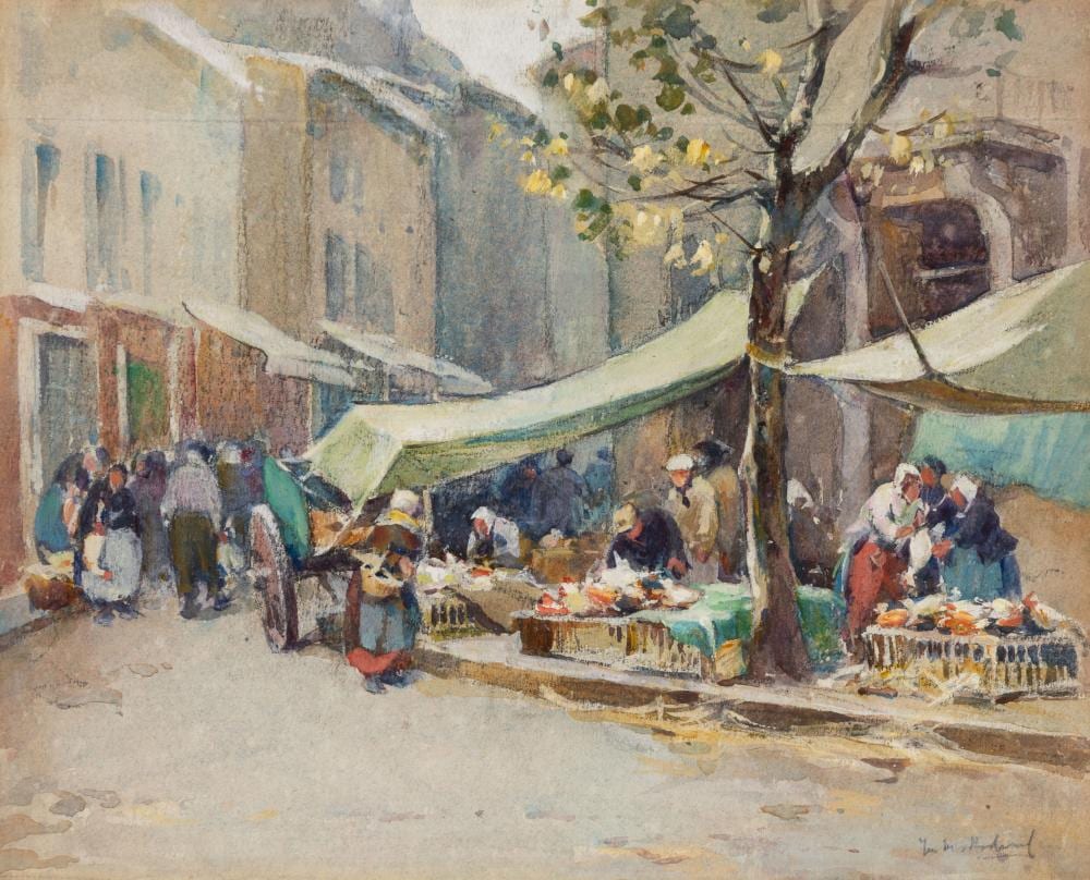 mabel may woodward am 1877 1945 market gathering watercolor on paper framed under glass · Barridoff Auctions · 2025-08-16 Mabel May Woodward comparable auction result: mabel may woodward am 1877 1945 market gathering watercolor on paper framed under glass