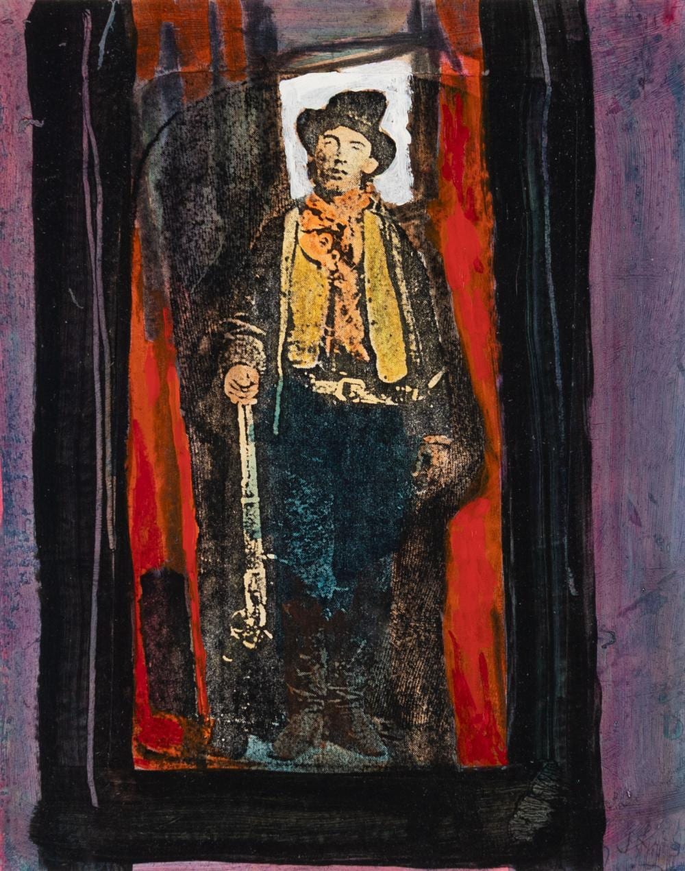 John Laurent comparable auction result: john laurent am 1921 2005 william bonie billy the kid 1995 acrylic and collage on board framed under glass