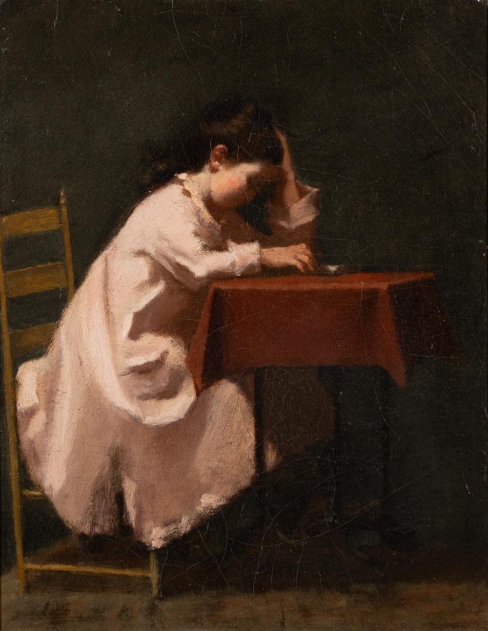 Eastman Johnson comparable auction result: eastman johnson am 1824 1906 young girl reading at a table oil on canvas framed