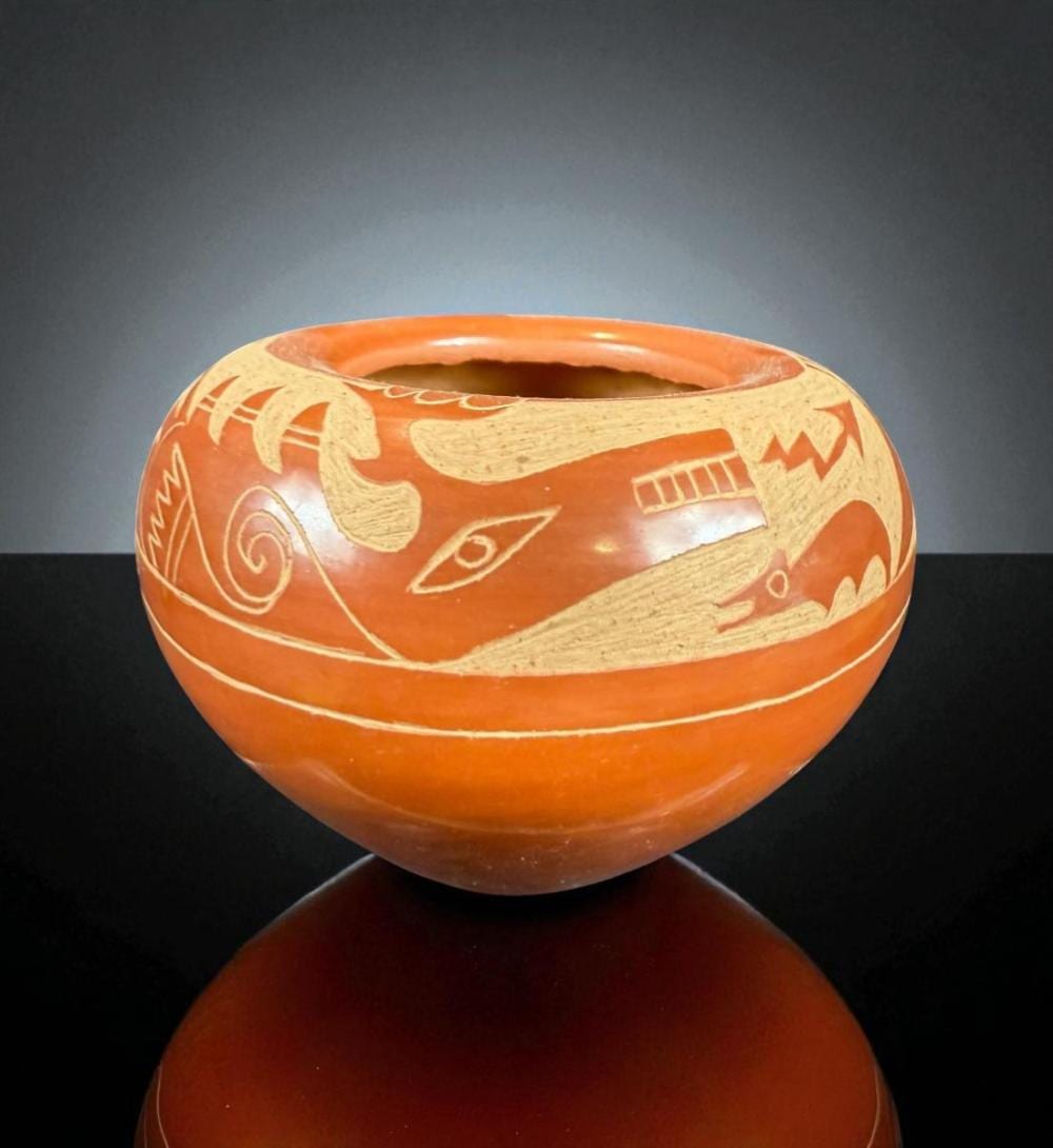 Alfred Verwée comparable auction result: alfred sa wa pin aguilar native american southwest san ildefonso pueblo sgraffito redware pot