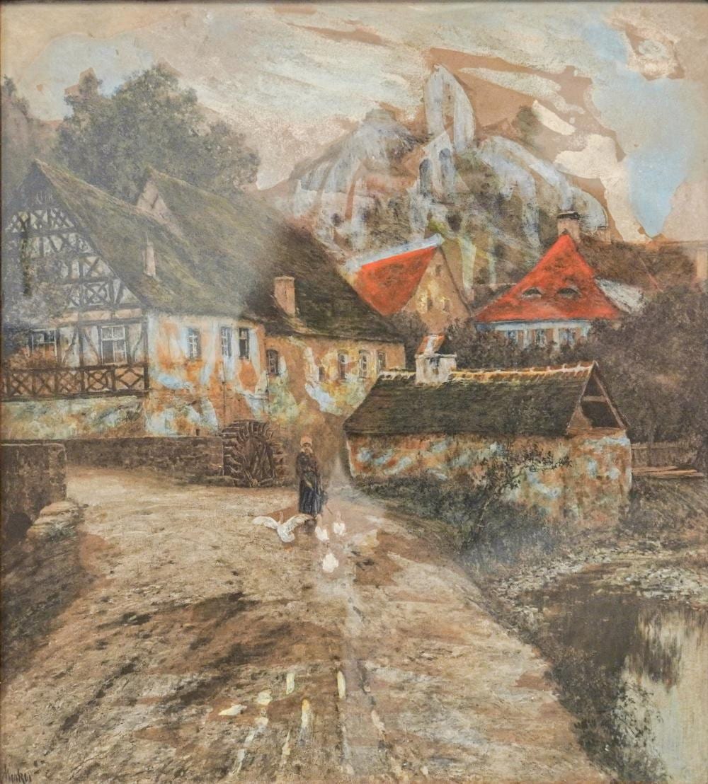 Max Merker comparable auction result: max merker german 1861 1928 woman feeding chickens gouache and mixed media on paper frame 18 1 4 x 17 in 46 4 x 43 2 cm