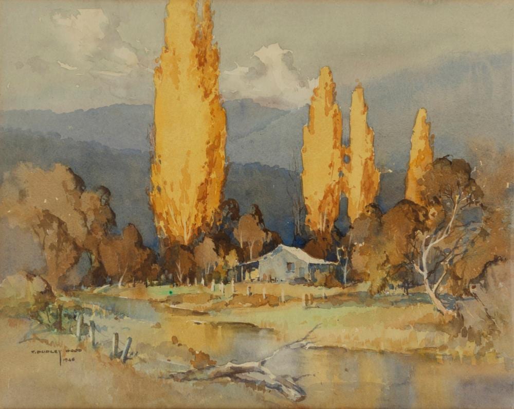 clifford dudley wood 1905 1980 ovens river myrtleford watercolour signed lower left c dudley wood 1946 35 x 44cm 47 x 56cm overall · Leski Auctions Pty Ltd · 2025-08-12 Clifford Dudley Wood comparable auction result: clifford dudley wood 1905 1980 ovens river myrtleford watercolour signed lower left c dudley wood 1946 35 x 44cm 47 x 56cm overall
