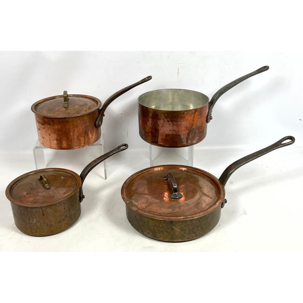4PCS VINTAGE FRENCH COPPER COOKWARE. POTS. MARKED MADE IN FRANCE. sold by Uniques & Antiques, lot 1563 — auction record photograph
