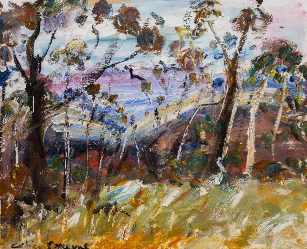 Colorful abstract landscape painting with a winding path, scattered trees, and sky in blue, white, pink, and yellow tones.