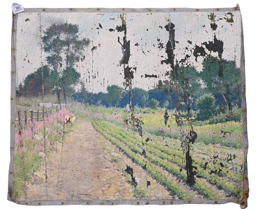 Frank Vincent DuMond comparable auction result: frank vincent dumond american 1865 1951 farm in old lyme with flower blossoms oil on loose canvas unsigned 25 x 30 sold as is
