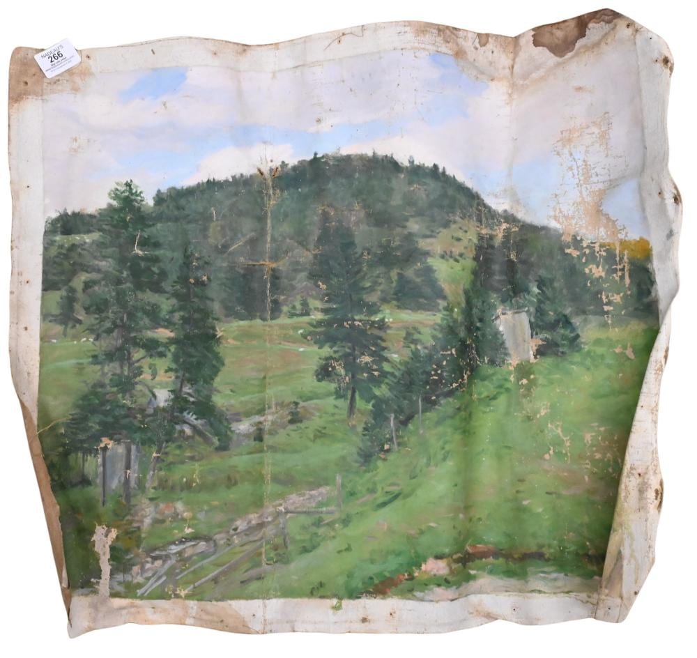 Frank Vincent DuMond comparable auction result: frank vincent dumond american 1865 1951 rose s farm with rollings hills and evergreen trees oil on loose canvas unsigned 20 x 24 sold as is