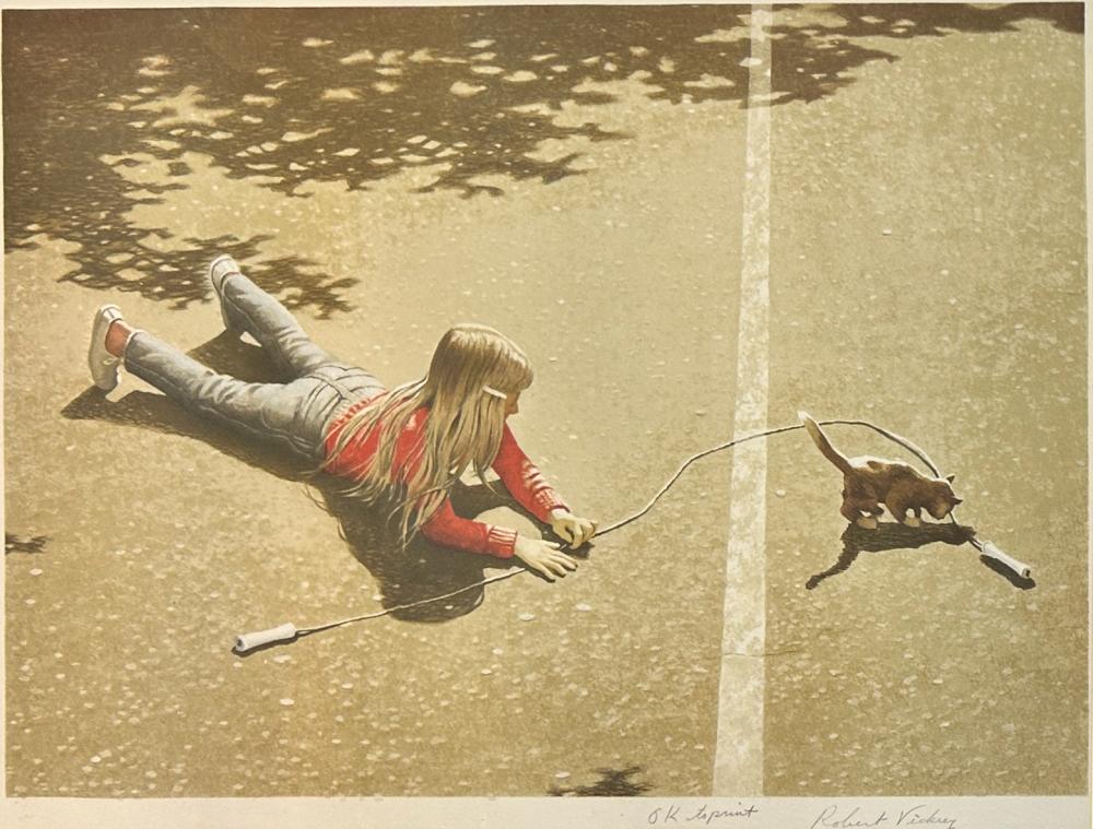 Robert Vickrey comparable auction result: robert vickery 1926 2011 young girl with cat proof serigraph 17 7 8 x 24 1 2 image 26 x 31 framed