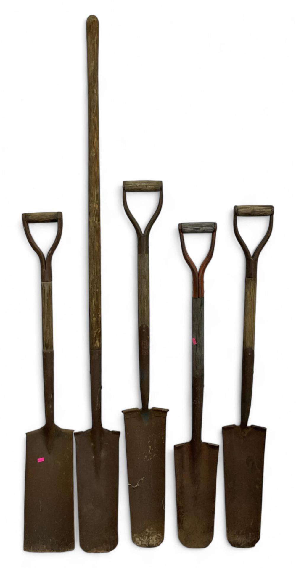 Five antique garden digging tools with long wooden handles and flat metal shovels or scoops arranged against a white background.
