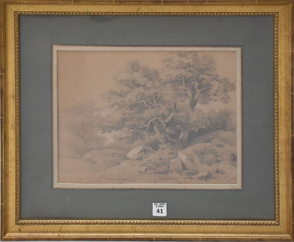 Jules Coignet comparable auction result: jules coignet french 1798 1860 graphite on tan paper landscape with trees and rocks signed lower right 11 x 13 1 2 sight 18 1 2 x 21 1 4 overall