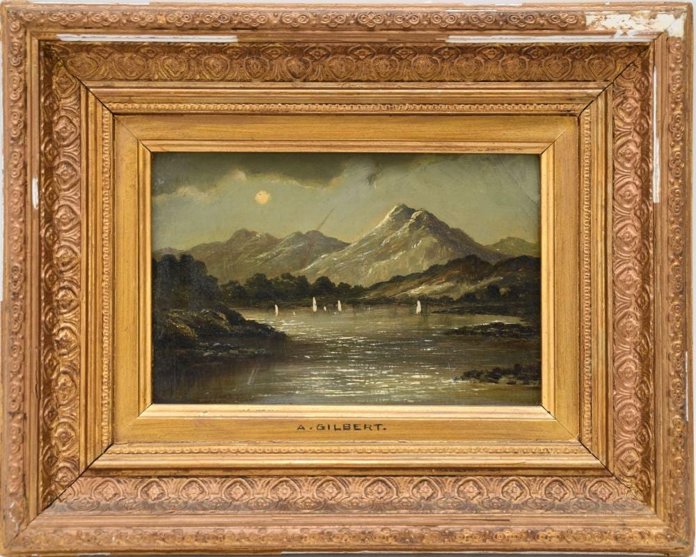Arthur Gilbert comparable auction result: arthur gilbert 1819 1895 19th century oil on board landscape mountains in moonlight with lake in foreground 7 3 4 x 10 3 4 inches frame 12 x 15 inches