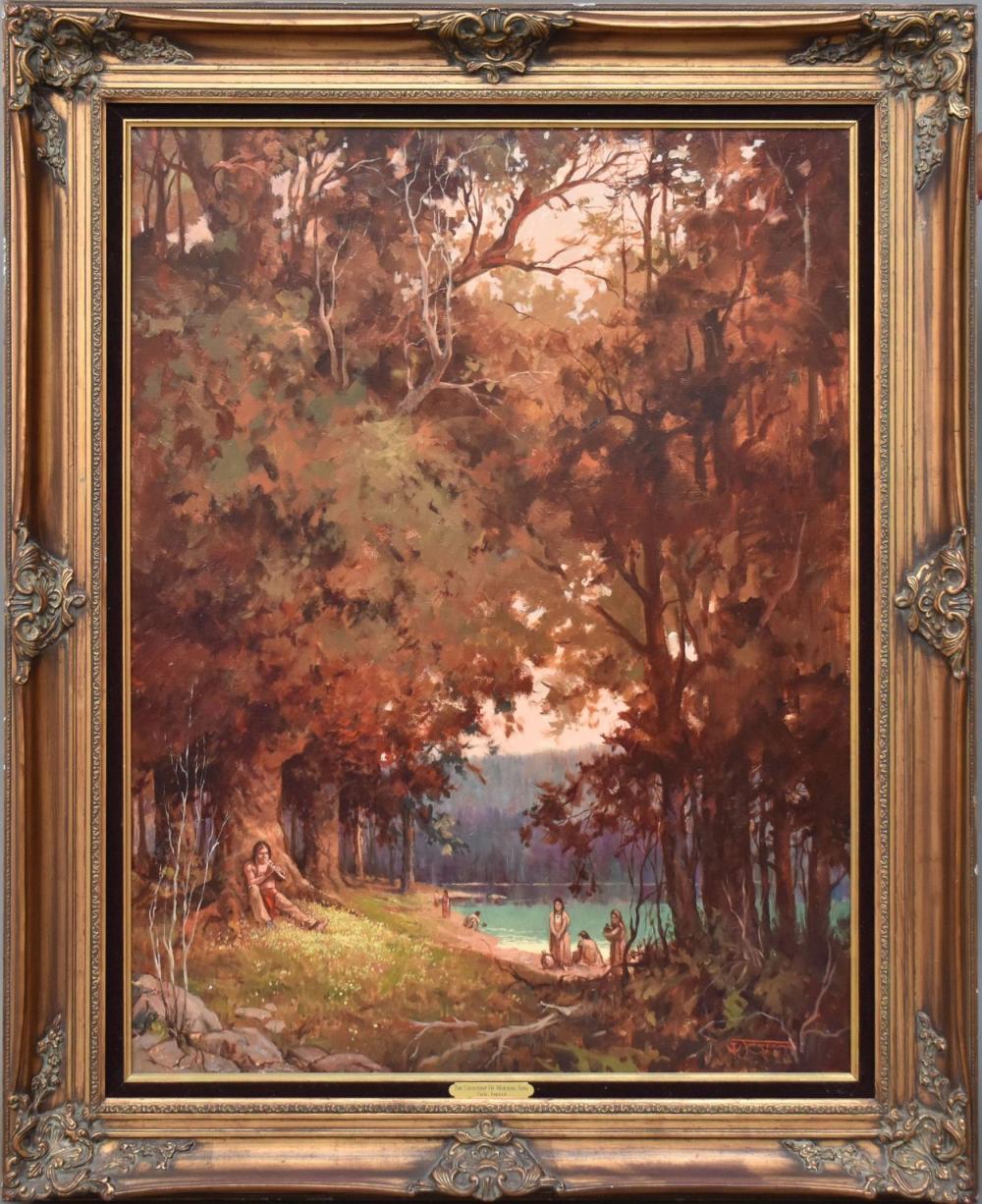 Jack Jordan comparable auction result: jack jordan american 1925 1998 oil on canvas native american encampment the courtship of morning song signed lower right 40 x 30 canvas 50 x 40 overall