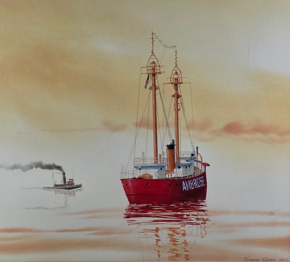 Steven Cryan comparable auction result: steven cryan watercolor and gouache painting of the lightship ambrose