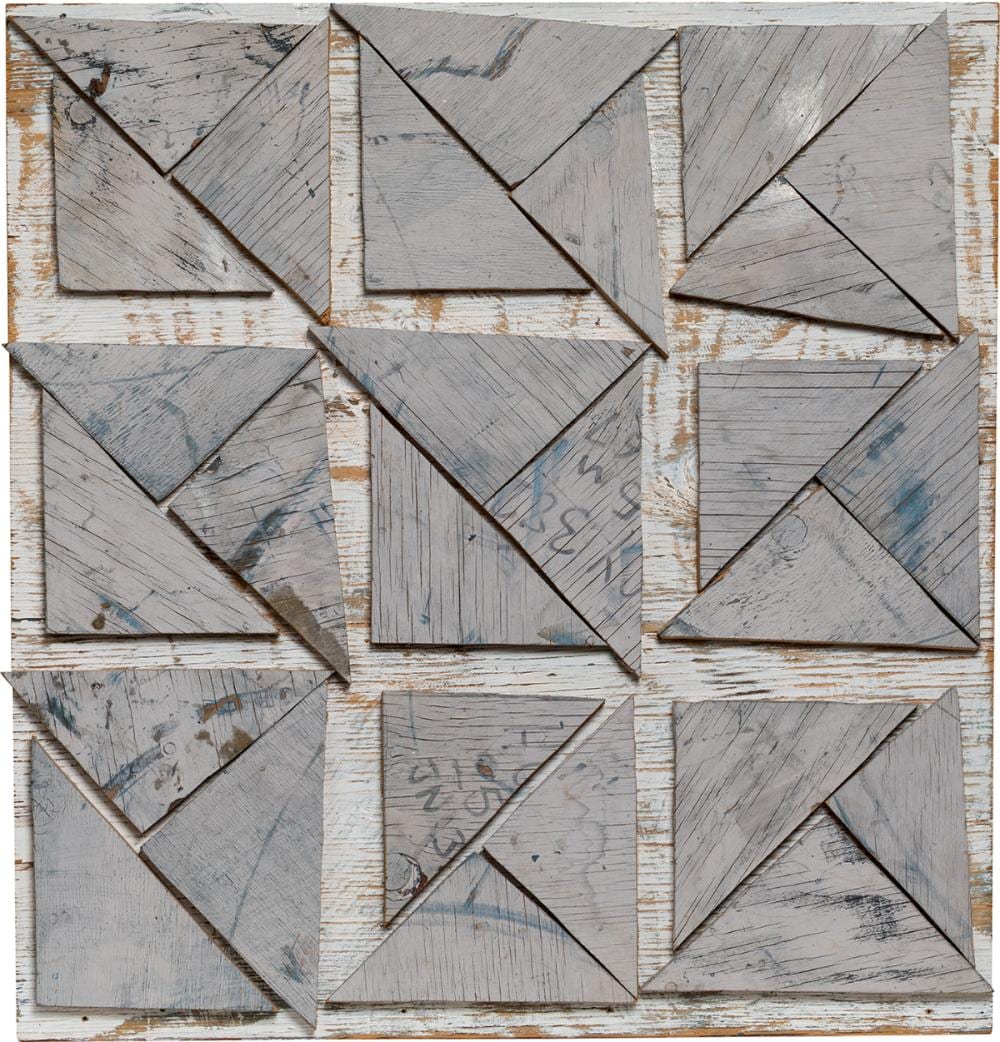rosalie gascoigne 1917 1999 origami 1998 sawn painted and stencilled plywood from cable reels on weathered painted plywood backing 81 x · Smith & Singer · 2025-08-19 Rosalie Gascoigne comparable auction result: rosalie gascoigne 1917 1999 origami 1998 sawn painted and stencilled plywood from cable reels on weathered painted plywood backing 81 x
