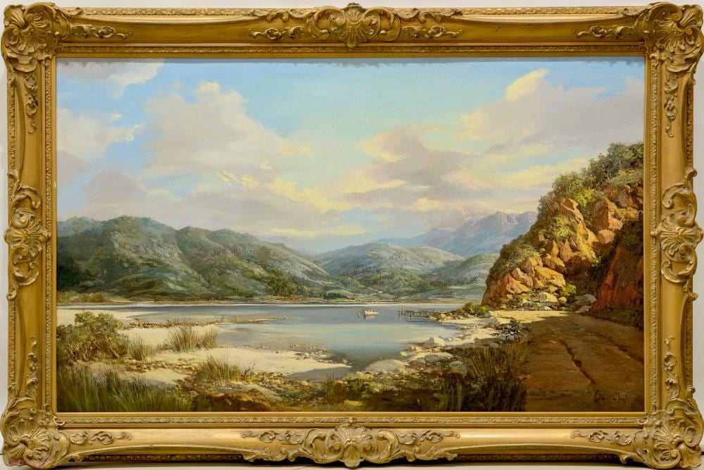 Gabriel DeJongh comparable auction result: gabriel de jongh sa 1913 2004 oil mountain landscape with lake with boat signed 90 x 150