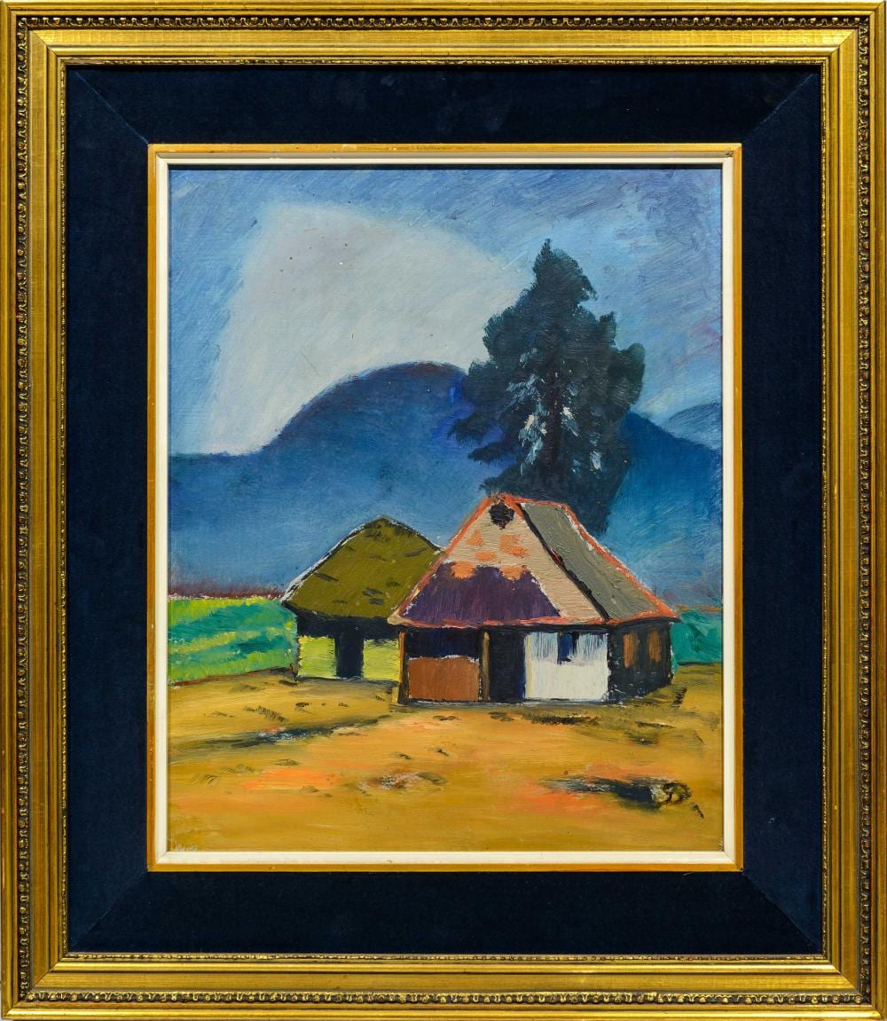 Pranas Domsaitis comparable auction result: pranas domsaitis sa 1880 1965 oil two huts recto sketch of dancers verso signed with monogram 47 x 38