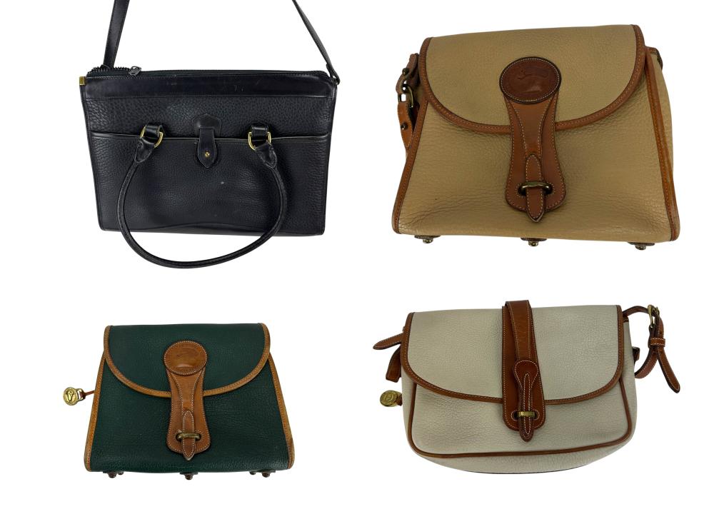 Four small leather handbags shown from different angles, including black, tan, green, and light beige styles with top handle and buckle strap details.