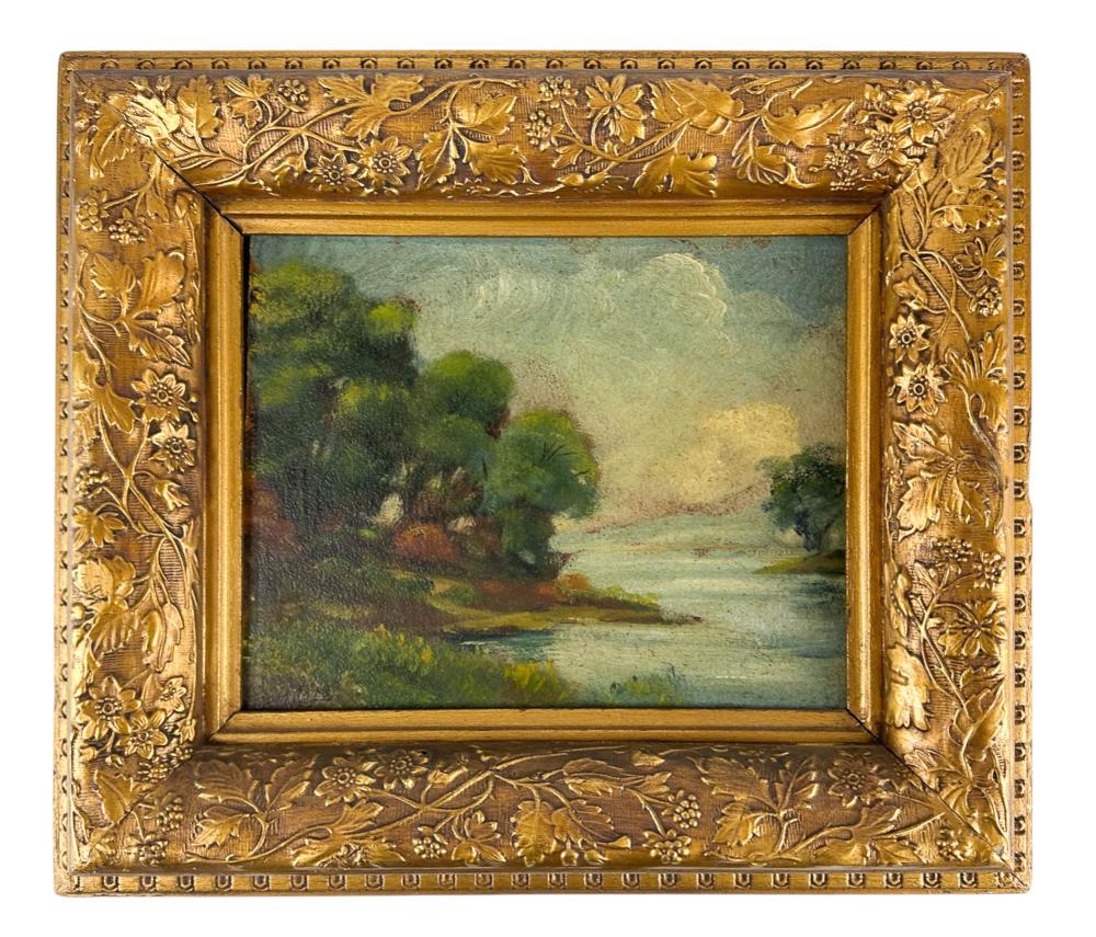 Antique Landscape River Tree Oil Painting SIGNED sold by MiddleManBrokers, lot 382 — auction record photograph
