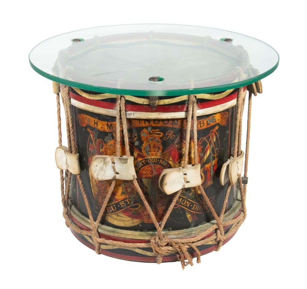 HMS INDOMITABLE KETTLE DRUM AS LOW TABLE sold by Thomaston Place Auction Galleries, lot 3194 — auction record photograph