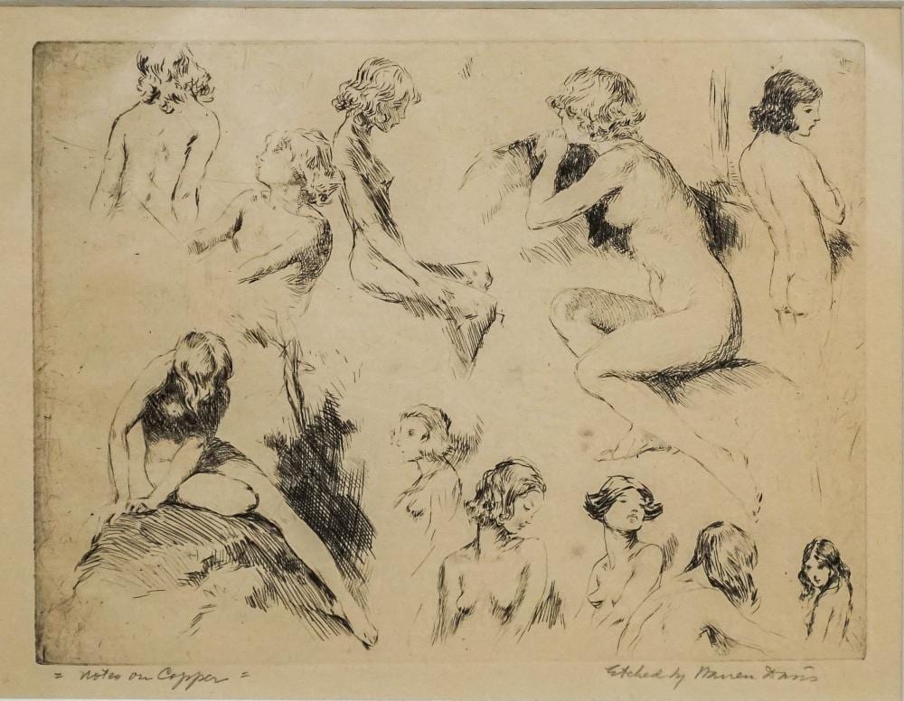 Warren B. Davis comparable auction result: warren davis american nude studies etching signed l r and inscribed notes on copper l l frame 12 1 2 x 14 in 31 8 x 35 6 cm