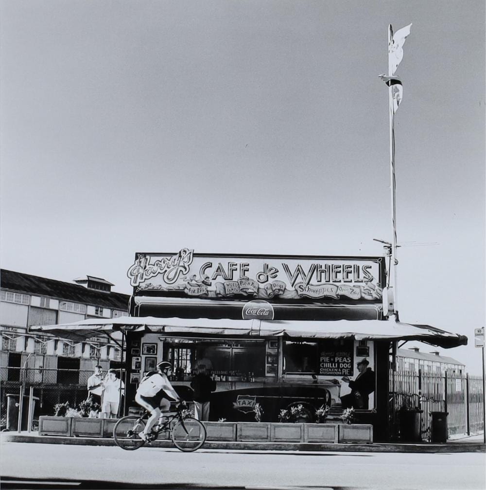 Rex Dupain comparable auction result: rex dupain harry s cafe de wheels decorative print after the original image 26cm x 26cm frame 47cm x 47cm